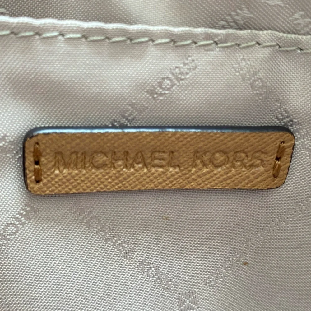 Michael Kors Beige/Gold Croc Embossed Leather and MK Canvas Wristlet Clutch. 10” - Picture 9 of 15